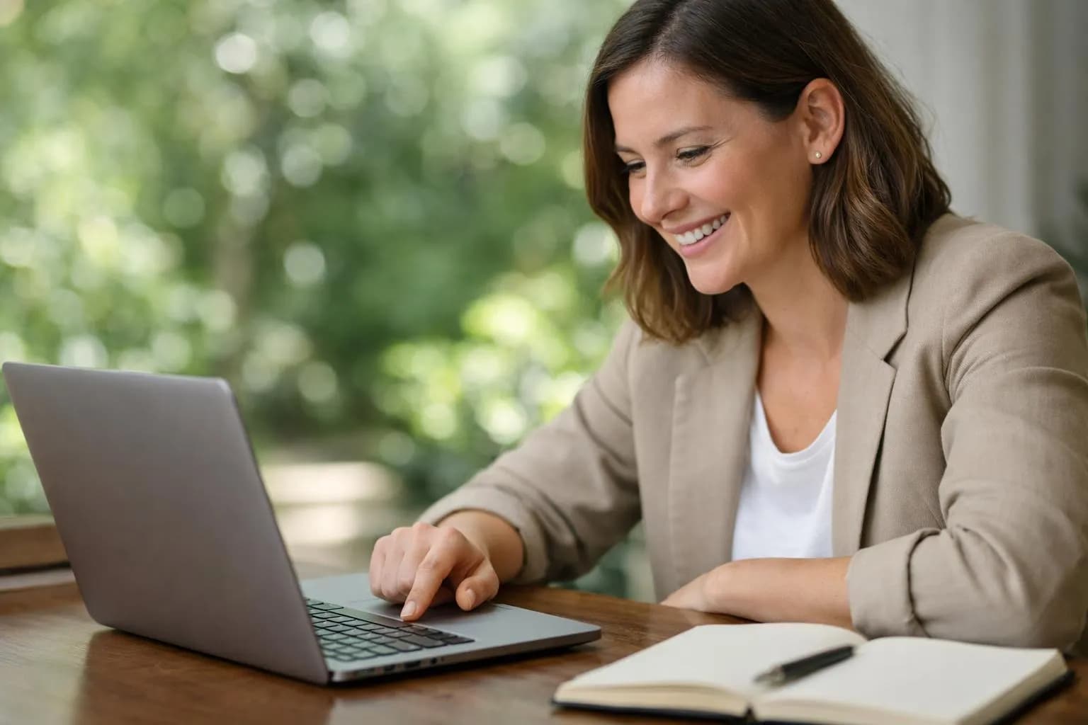 Woman enjoying easy content creation with one-click SEO benefits at her desk.