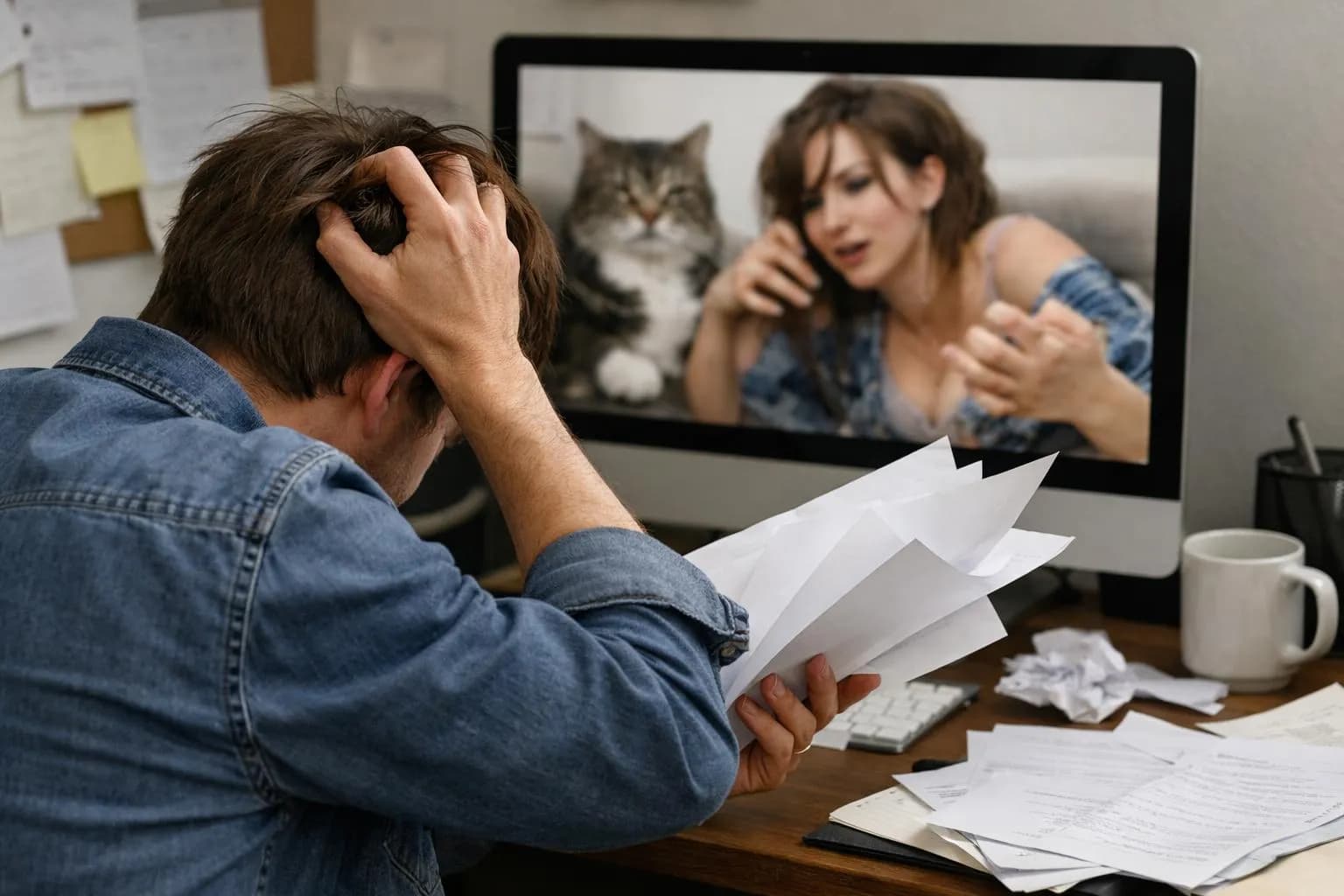 Person frustrated with AI-generated content on computer screen, surrounded by papers.