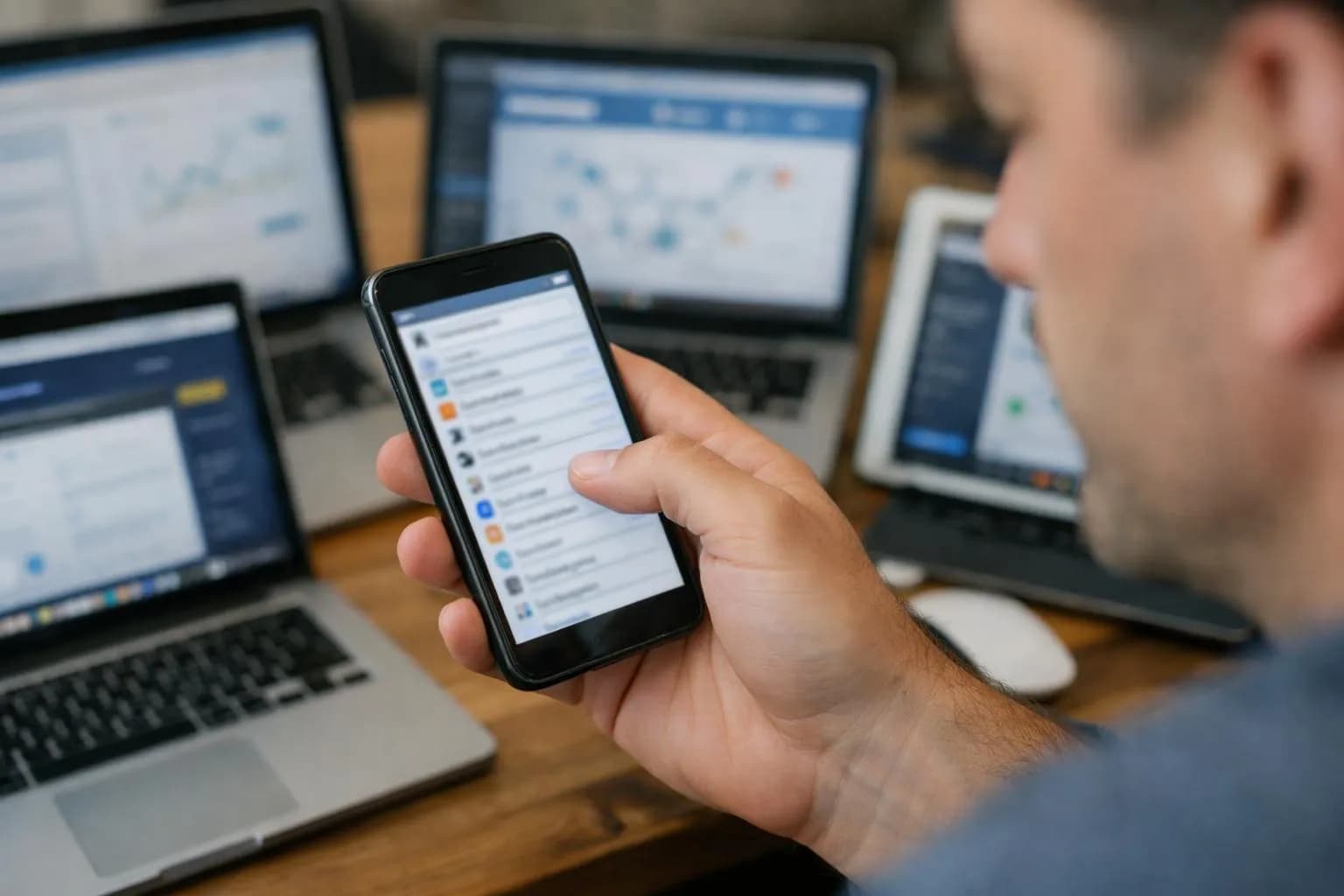 ** "Hands holding smartphone with AI backlink automation software on screen, surrounded by laptops and tablets"