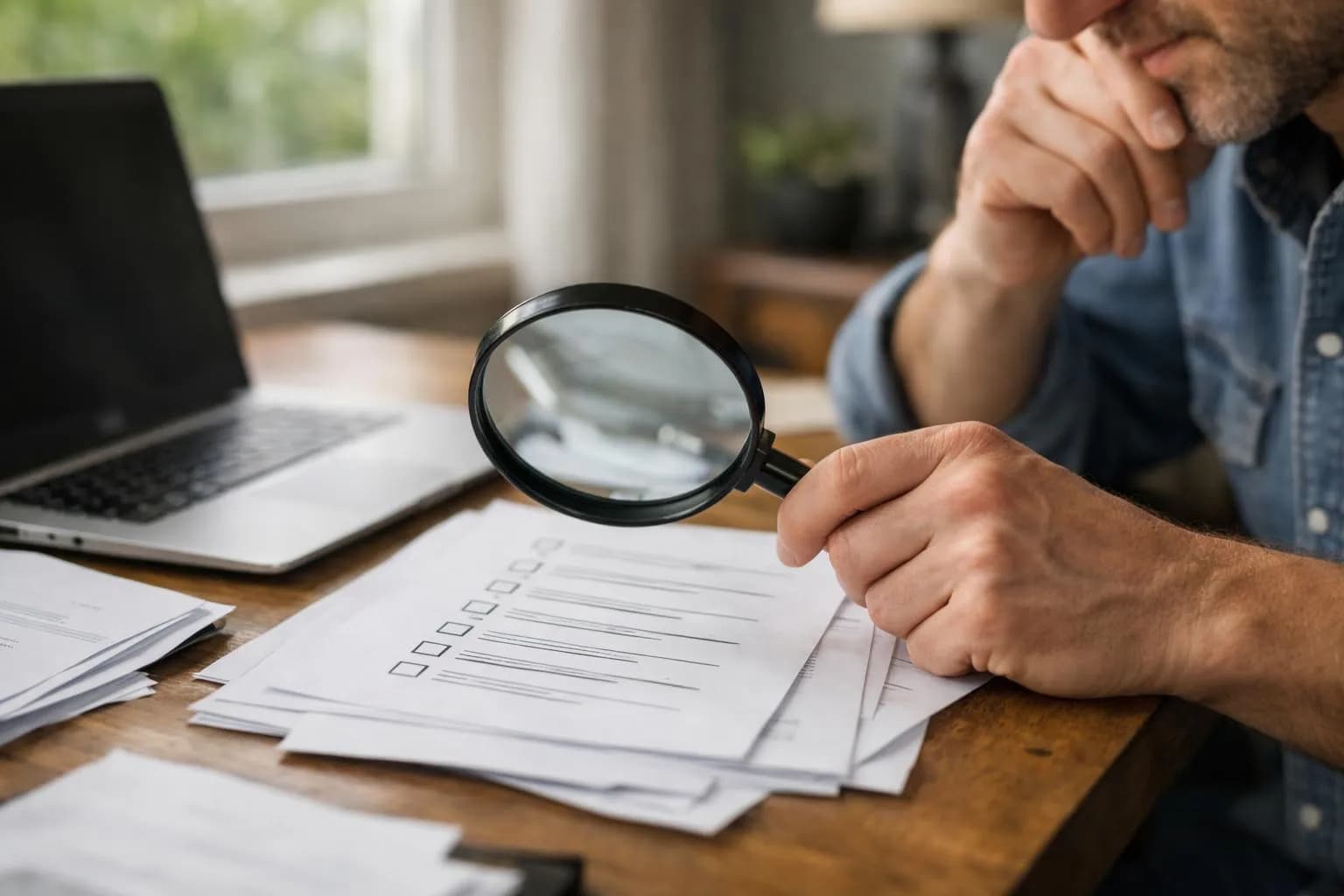 Person examining checklist with magnifying glass, evaluating Robotspeed Backlink Guarantee.