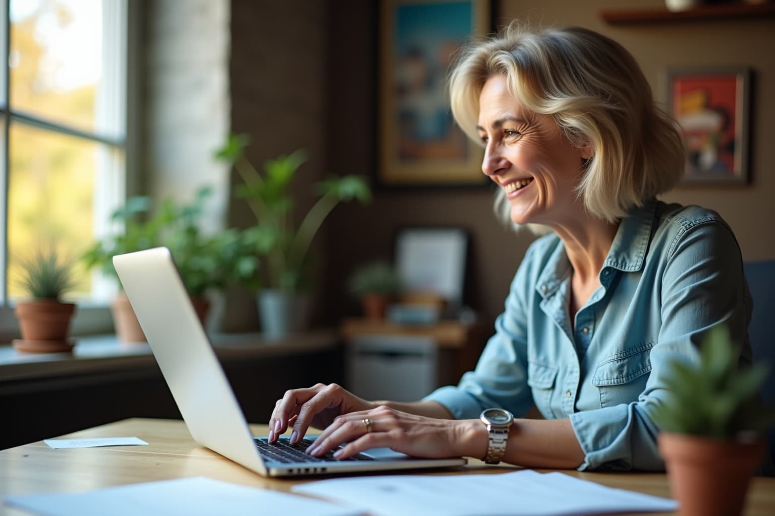 Local business owner reviewing automated link building report on laptop in cozy office setting.
