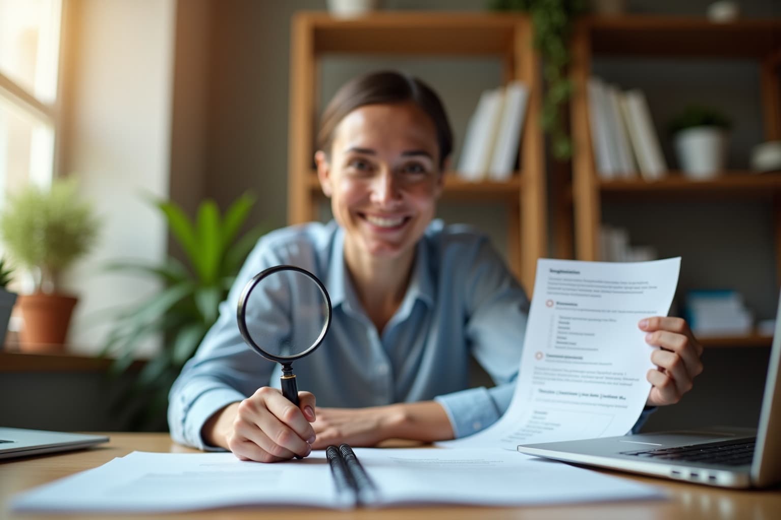 Person evaluating AI backlink generator tool with magnifying glass and checklist, indicating thorough review and verdict.