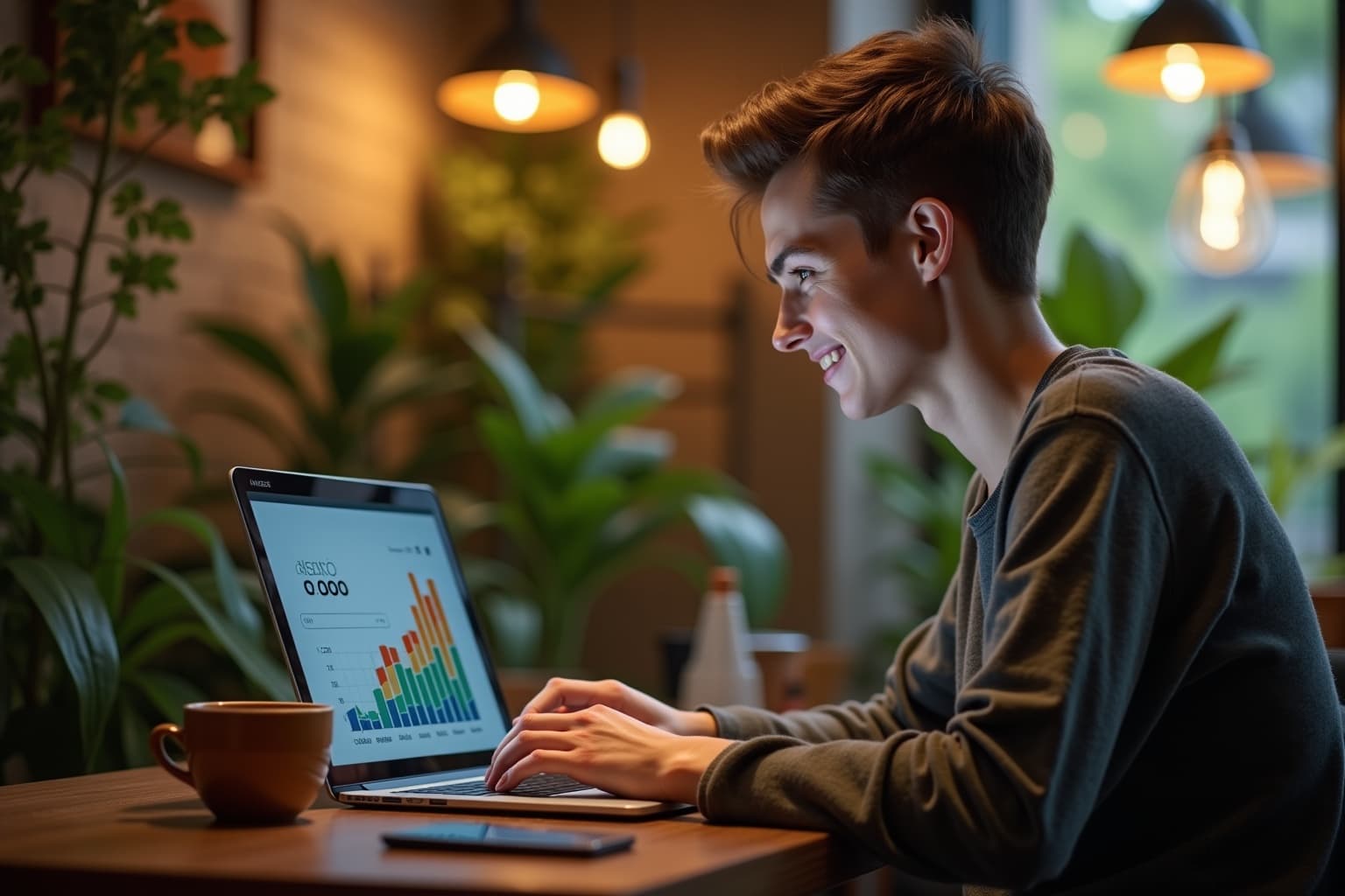 "Person working on laptop with smartphone showing SEO success graph, surrounded by greenery"