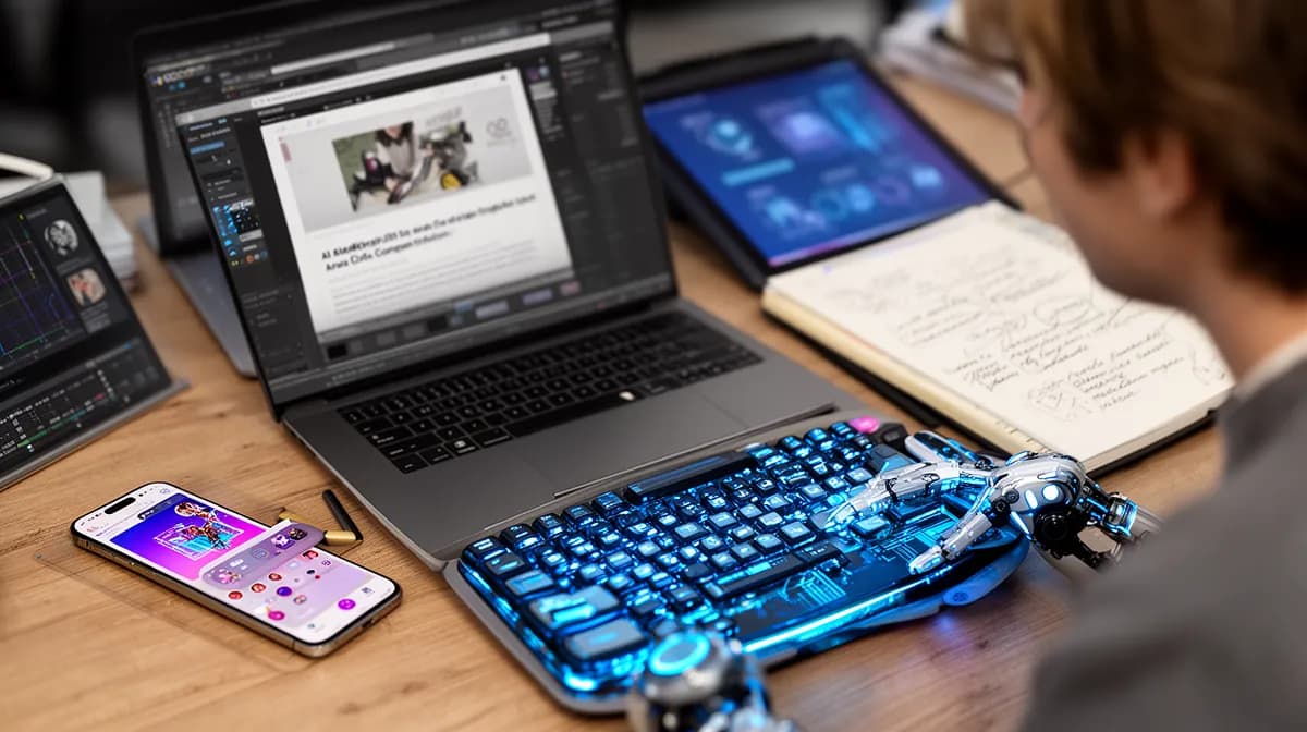 AI content creation tools for digital marketing on a desk with a smartphone, laptop, and tablet.