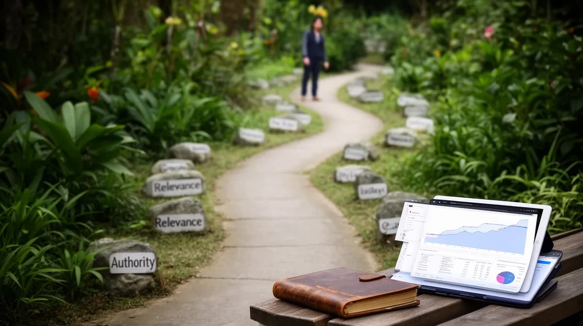 "Pathway to understanding automated backlink quality, with stone markers and a digital workspace in background."